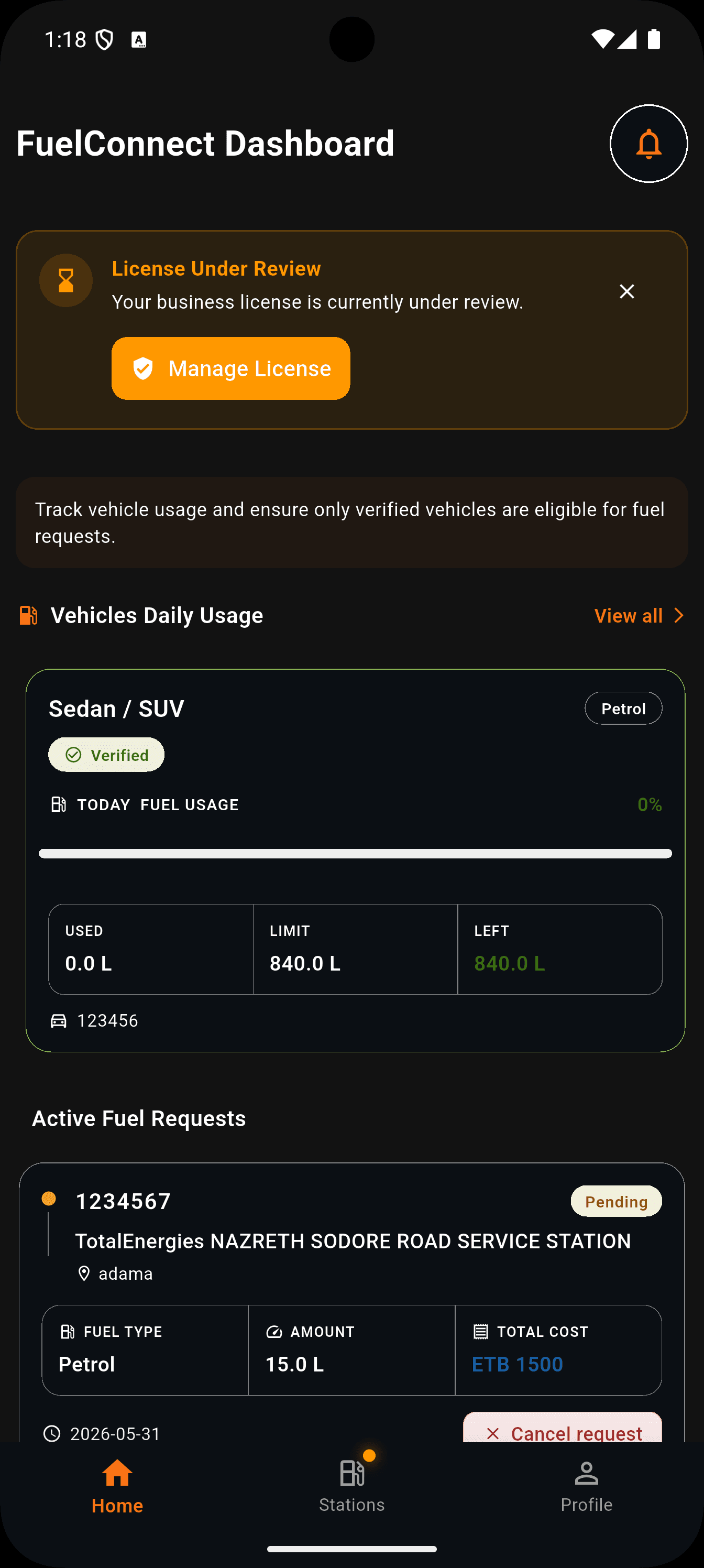 FuelFlow driver app showing a submitted fuel request